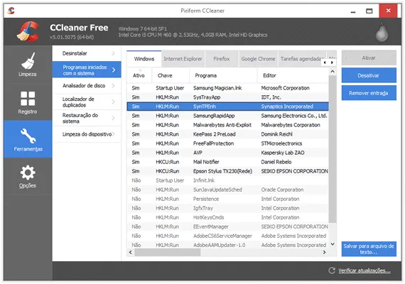 Limpeza da inicialização - CCleaner Como fazer uma faxina no PC usando o CCleaner - Limpeza da inicializacão