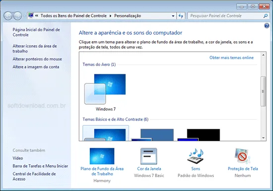 Janela de personalização do Windows 7