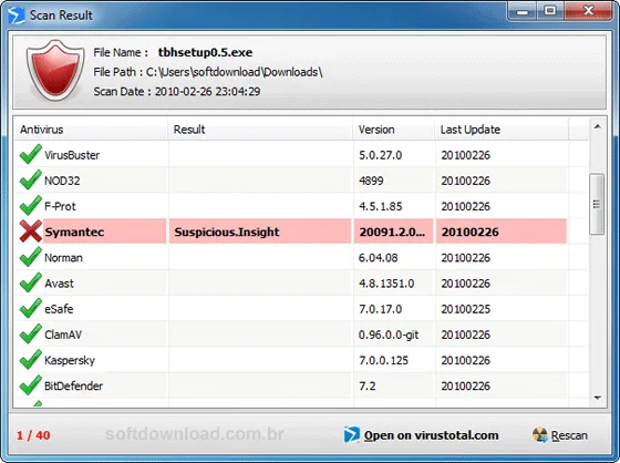 Imagem 2 - PhrozenSoft VirusTotal Uploader Resultado da verificação no VirusTotal