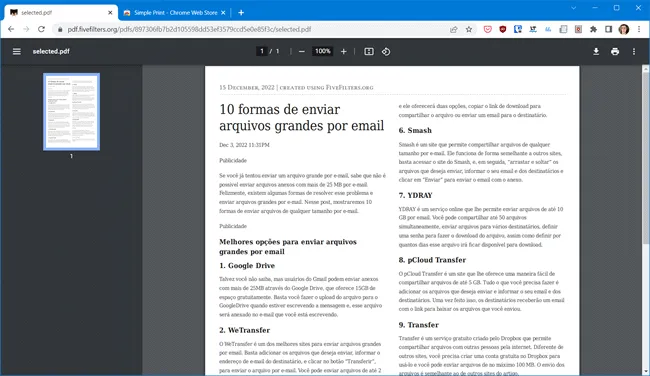Imprima páginas da web com o Simple Print